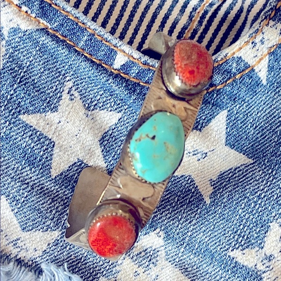native American Turquoise and Red Stone sterling Silver vintage cuff  Bracelet - Picture 2 of 12